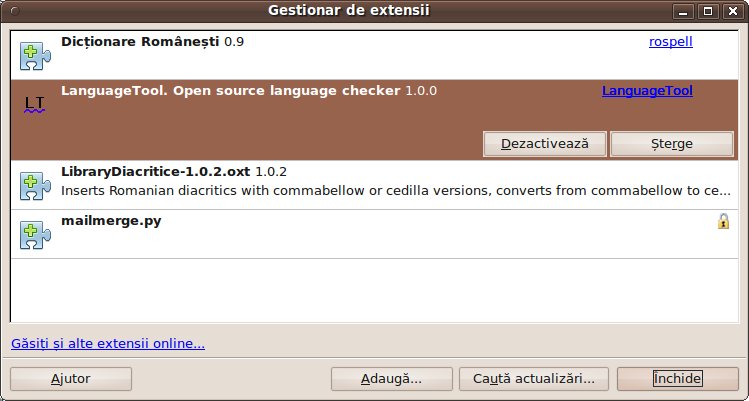 OpenOffice Gestionar de extensii instalare LanguageTool