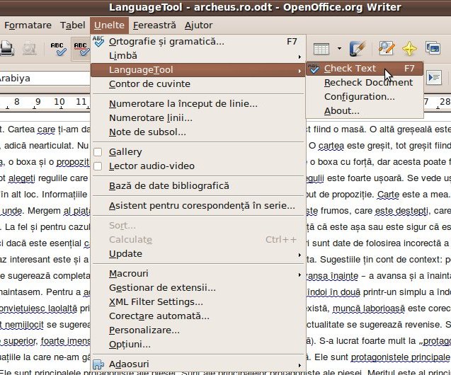 OpenOffice LanguageTool meniu